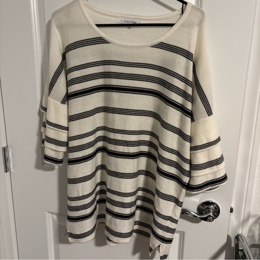 Calvin Klein Ruffle Sleeve Striped Sweater Soft White Multi Plus Size XL